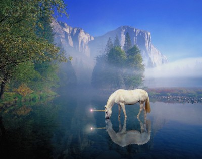 Unicorn Drinking from a River